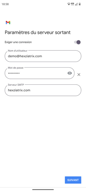 Entrez l'adresse du serveur Sortant et sélectionnez SUIVANT