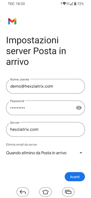 Inserisci Nome utente e l'indirizzo del server di posta in arrivo. Seleziona Avanti