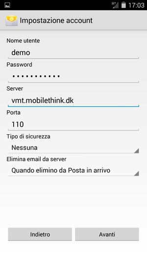 Inserisci Nome utente e l'indirizzo del server di posta in arrivo. Seleziona Avanti