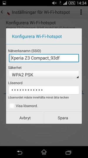 Ange ett lösenord för Wi-Fi-hotspoten, bestående av minst 8 tecken och välj Spara