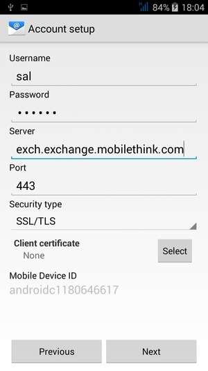 Enter Username and Exchange server address. Select Next