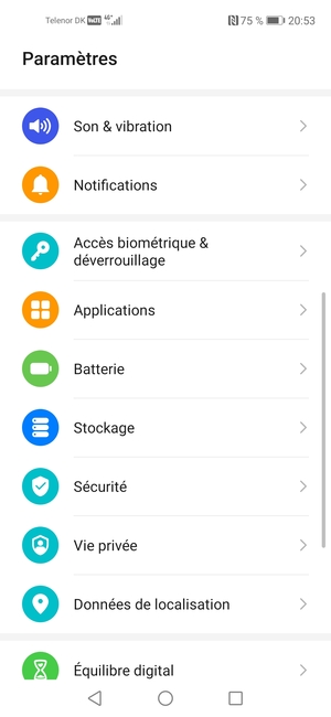 Pour activer votre écran de verrouillage, allez dans le menu Paramètres et sélectionnez Accès biométrique & déverrouillage