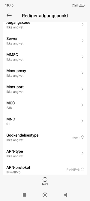 Scroll ned og indtast internet-oplysninger