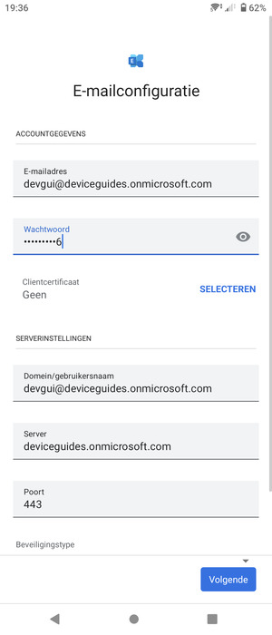 Voer Gebruikersnaam en Exchange serveradres in. Selecteer Volgende