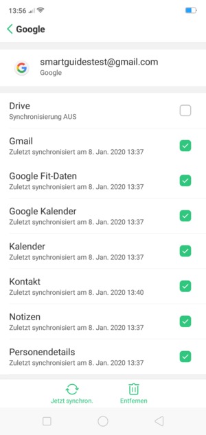 Aktivieren Sie alle Kontrollkästchen, und wählen Sie Jetzt synchron.