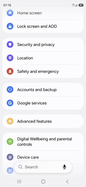 Scroll to and select Accounts and backup
