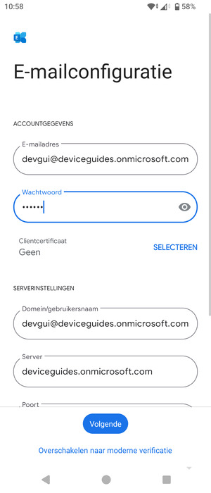 Voer Gebruikersnaam en Exchange serveradres in. Selecteer Volgende