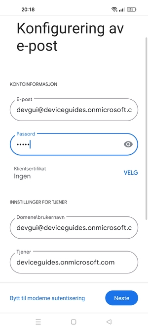 Skriv inn Brukernavn og Exchange serveradresse. Velg Neste
