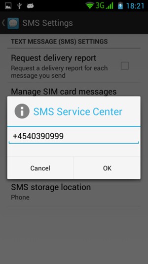 Enter the SMS Service Center number and select OK