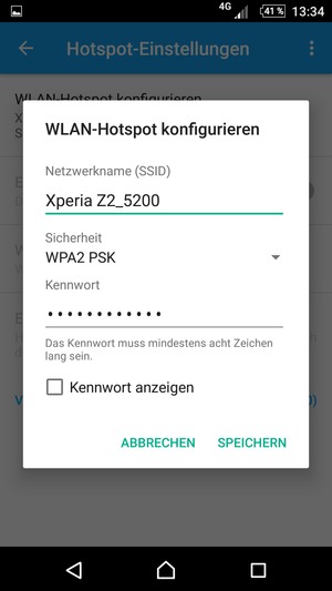 Geben Sie eine WLAN-Hotspot-Passwort mit mindestens 8 Zeichen ein und wählen Sie SPEICHERN