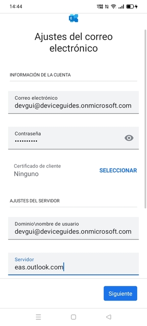 Introduzca Nombre de usuario y la dirección de servidor Exchange. Seleccione Siguiente