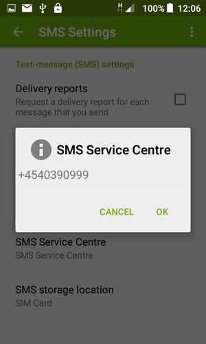 Enter the SMS Service Centre number and select OK