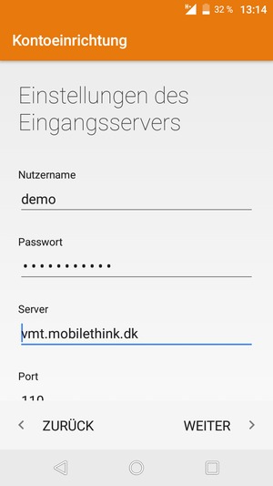 Geben Sie Nutzername und Eingangs Server-Adresse ein. Wählen Sie WEITER