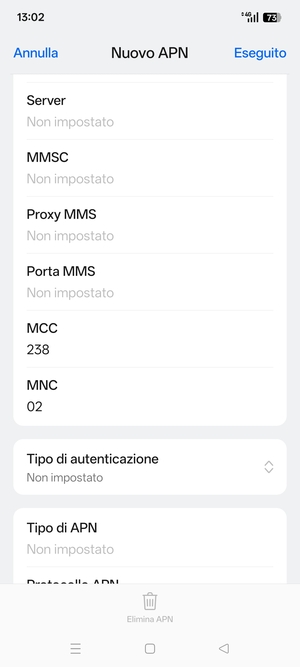 Scorri verso il basso e inserisci le informazioni di internet