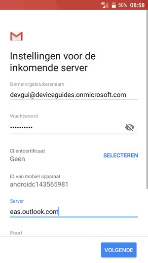 Voer gebruikersnaam en Exchange serveradres in. Selecteer VOLGENDE