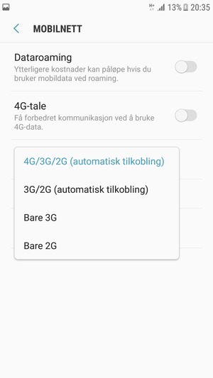 Velg ønsket alternativ