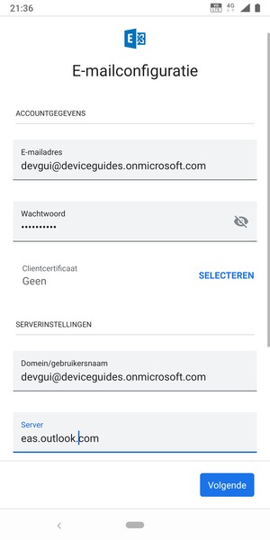Voer Gebruikersnaam en Exchange serveradres in. Selecteer Volgende