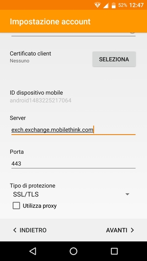 Scorri verso il basso e inserisci l'indirizzo del server Exchange
