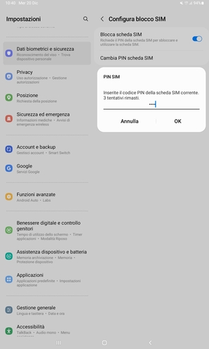Inserisci Codice PIN della scheda SIM corrente e seleziona OK