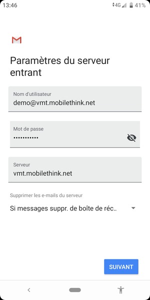 Saisissez votre Nom d'utilisateur et l'adresse du serveur entrant. Sélectionnez SUIVANT