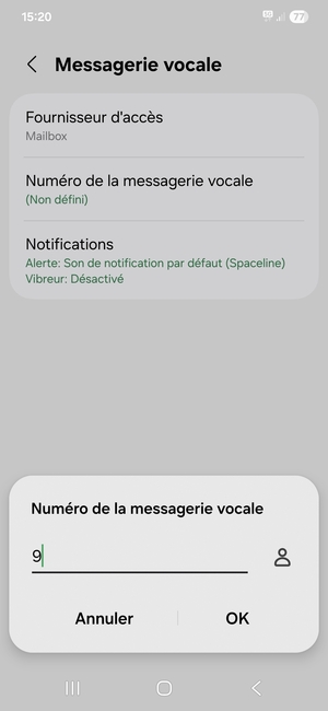 Saisissez le Numéro de la messagerie vocale et sélectionnez OK