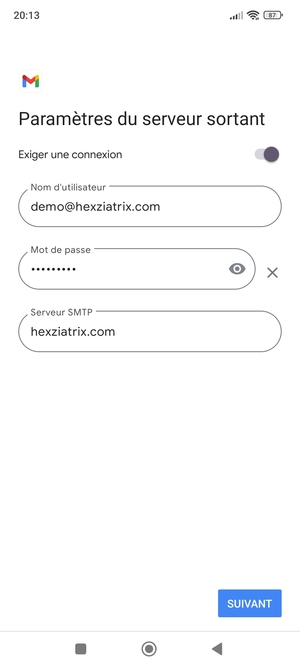 Saisissez l'adresse du serveur sortant et sélectionnez SUIVANT