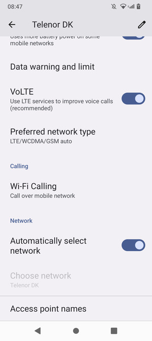 Scroll to and select Access point names