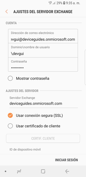Introduzca Nombre de usuario y la dirección de servidor Exchange. Seleccione INICIAR SESIÓN