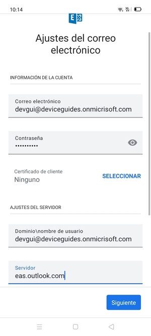 Introduzca Nombre de usuario y la dirección de servidor Exchange. Seleccione Siguiente