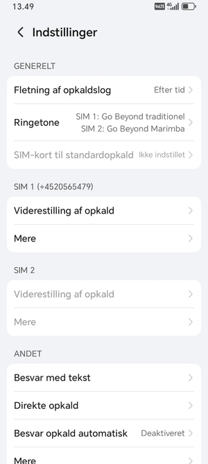 Scroll til SIM 1 eller SIM 2 og vælg Mere
