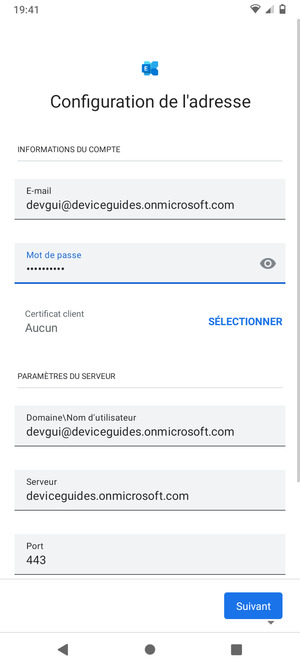 Saisissez votre Nom d'utilisateur et l'adresse du serveur Exchange. Sélectionnez Suivant