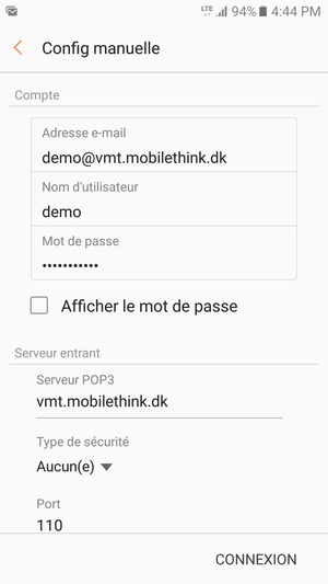 Saisissez votre Nom d'utilisateur et l'adresse du serveur entrant