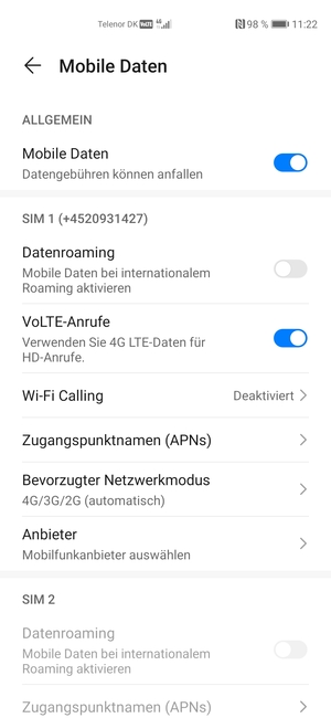 Scrollen Sie zu SIM 1 oder SIM 2 und wählen Sie Zugangspunktnamen (APNs)