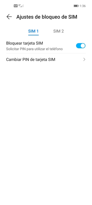 Seleccione SIM 1 o SIM 2 y seleccione Cambiar PIN de tarjeta SIM