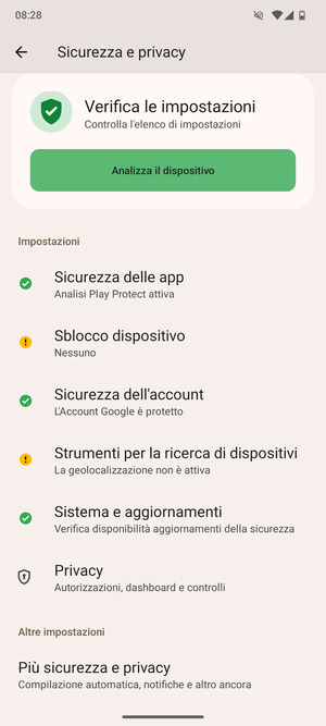 Per cambiare il PIN della scheda SIM, vai al menu Sicurezza e privacy e  seleziona Piú sicurezza e privacy
