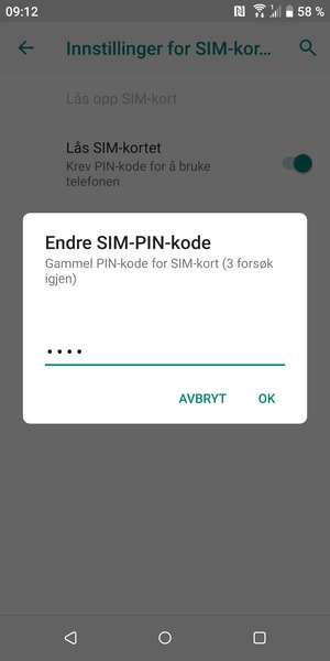 Skriv inn Gammel PIN-kode for SIM-kort og velg OK