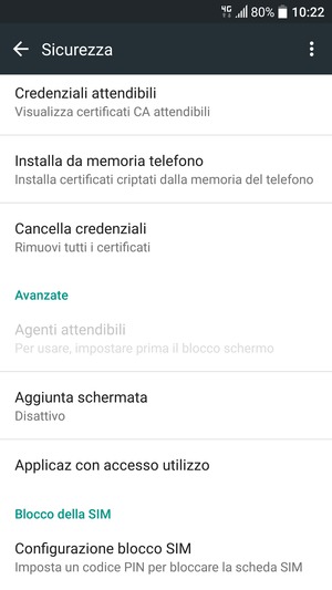Per cambiare il PIN della scheda SIM, torna al menu Sicurezza, scorri fino a Configurazione blocco SIM e seleziona questa opzione