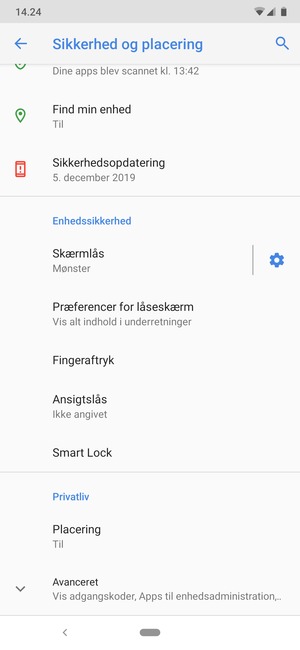 For at ændre PIN-koden til sim-kortet, scroll til og vælg Avanceret