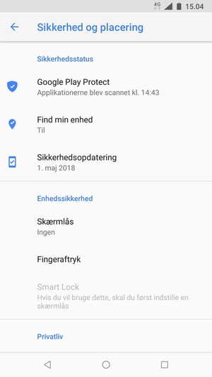 For at aktivere din skærmlås, gå til menuen Sikkerhed og placering og vælg Skærmlås