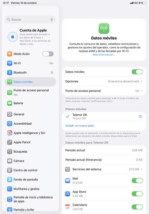 Seleccione Datos móviles y Opciones