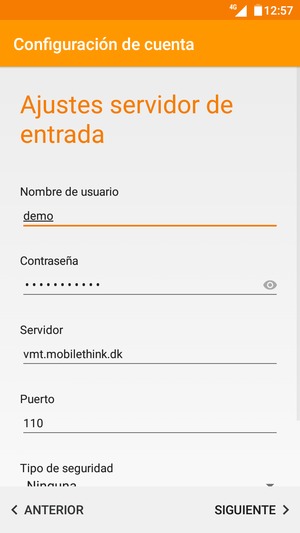 Introduzca Nombre de usuario y la dirección de servidor Entrada. Seleccione SIGUIENTE