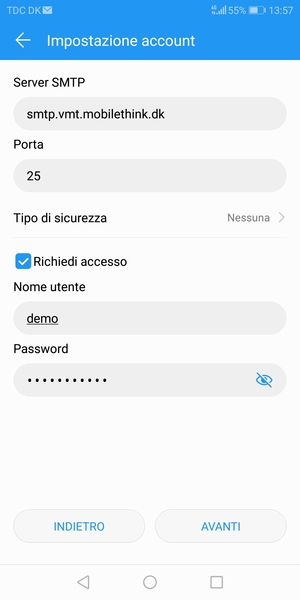 Inserisci l'indirizzo del server di posta in uscita