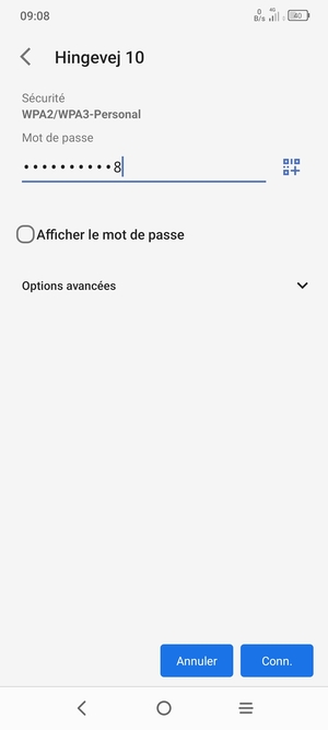 Saisissez le mot de passe du Wi-Fi et sélectionnez Conn.