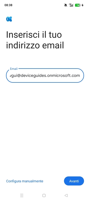 Inserisci il tuo indirizzo email e seleziona Configura manualmente