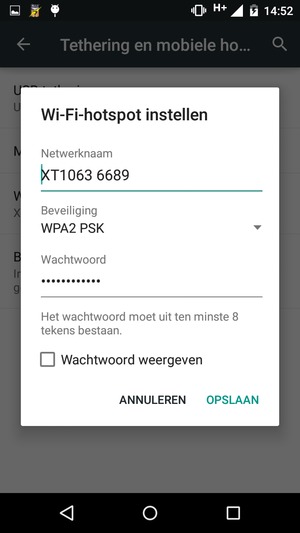 Voer een wachtwoord van een WiFi-hotspot in van ten minste 8 tekens en selecteer OPSLAAN