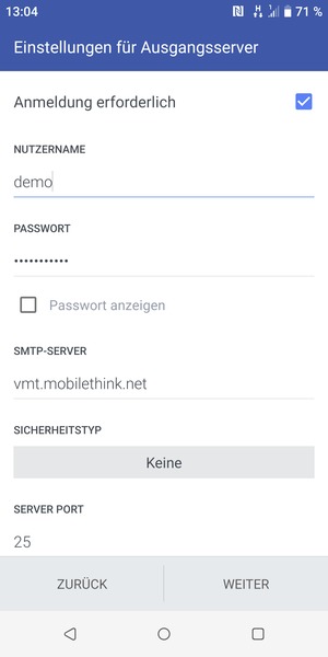 Geben Sie die Server-Adresse für ausgehende Post ein