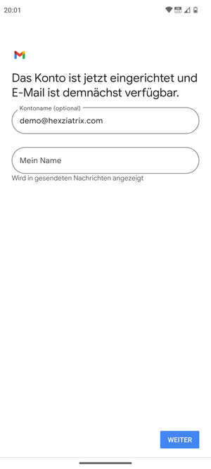 Geben Sie Ihrem Konto einen Namen und geben Sie Ihren Namen ein. Wählen Sie WEITER