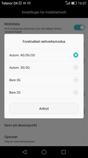 Velg Bare 2G / Bare GSM for å aktivere 2G