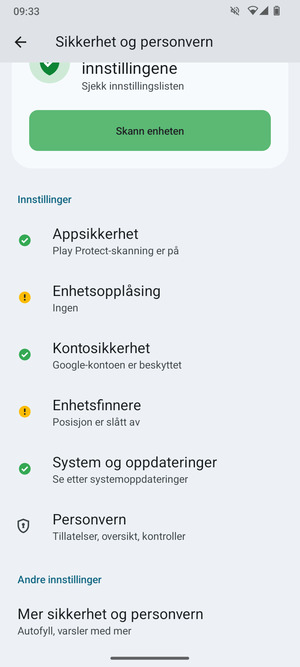 For å bytte PIN-koden til SIM-kortet, gå til Sikkerhet og personvern-menyen og  velg Mer sikkerhet og personvern