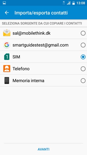 Seleziona la scheda SIM e poi AVANTI